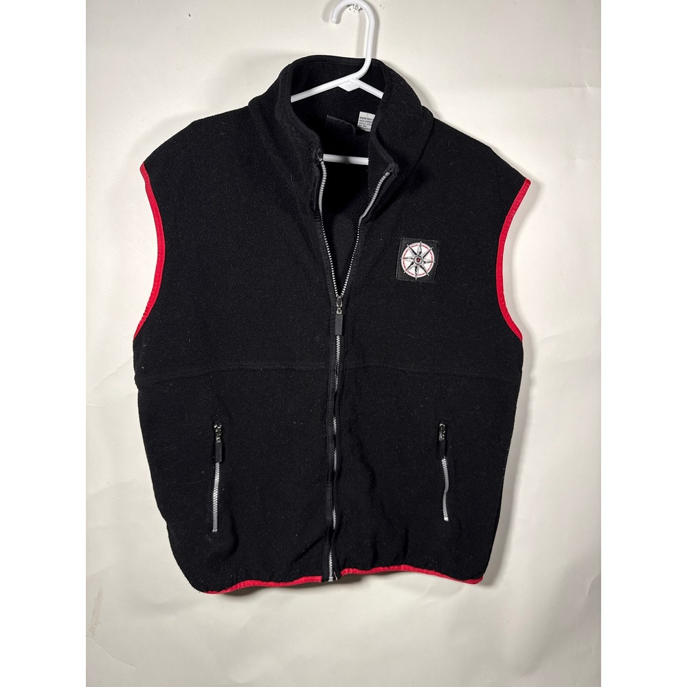 Marlboro Mens Black Fleece Vest‎ Compass Logo Red Trim Zipper Pockets Size L